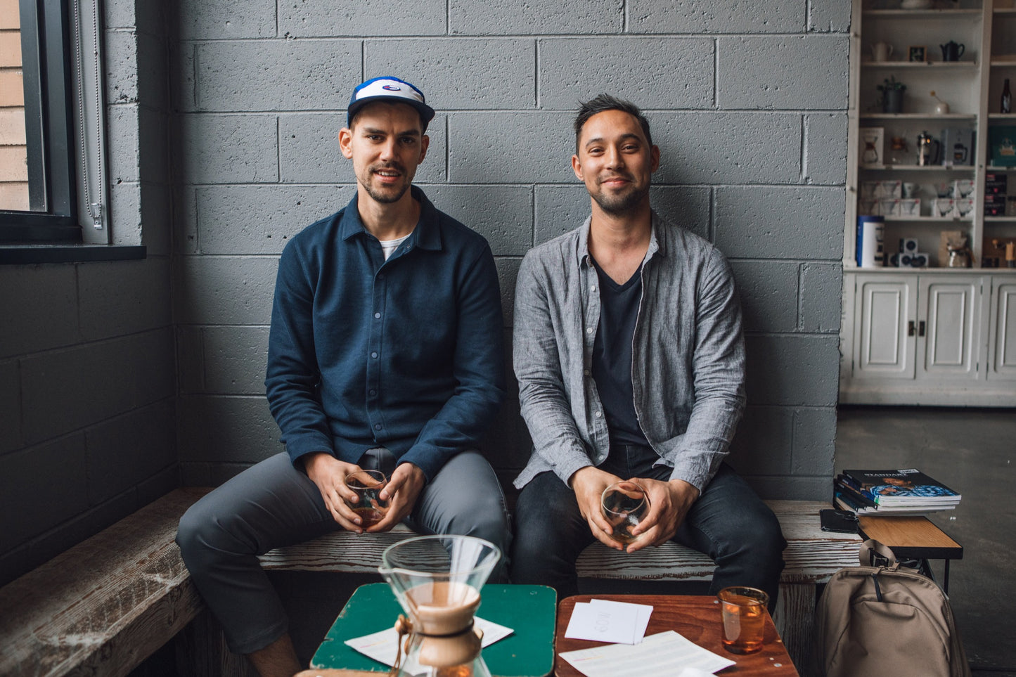 Charlie Harmsen and Charlie Wade enjoy coffee together